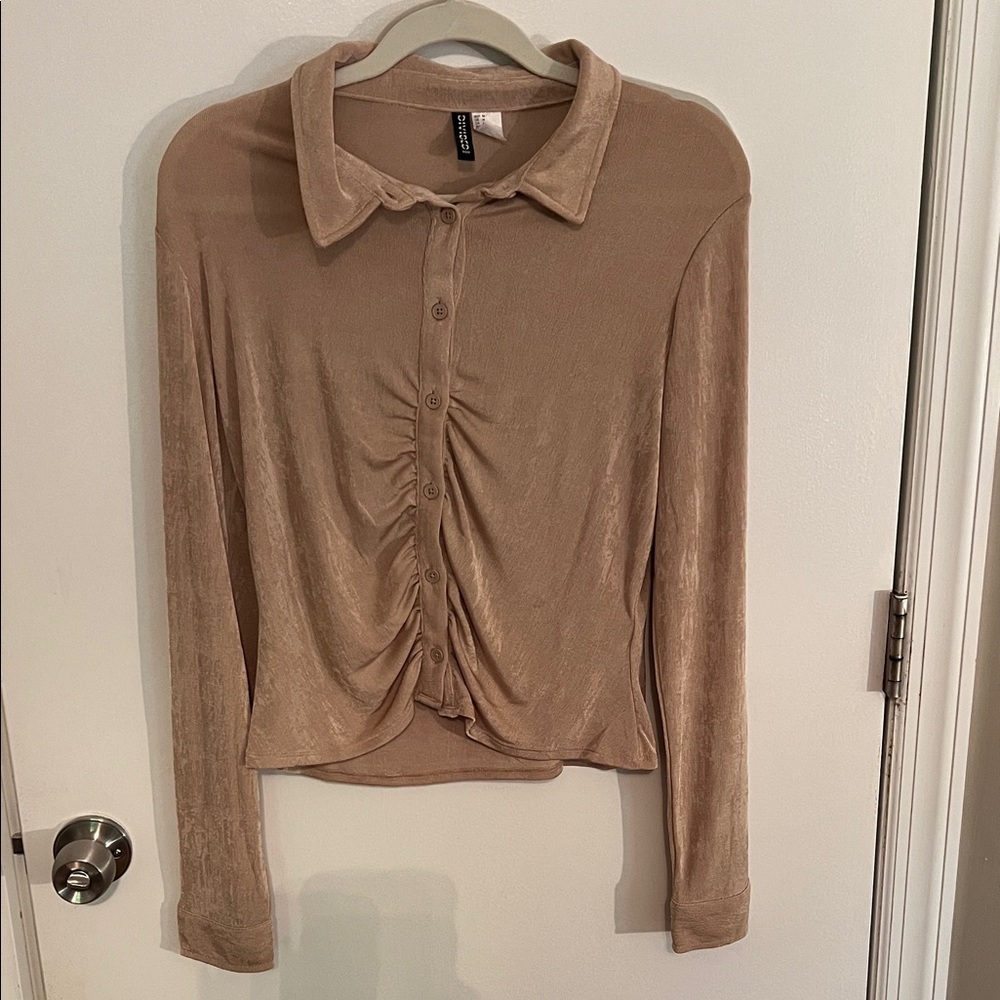 H&M Tan Button Down Shirt with Ruched Front